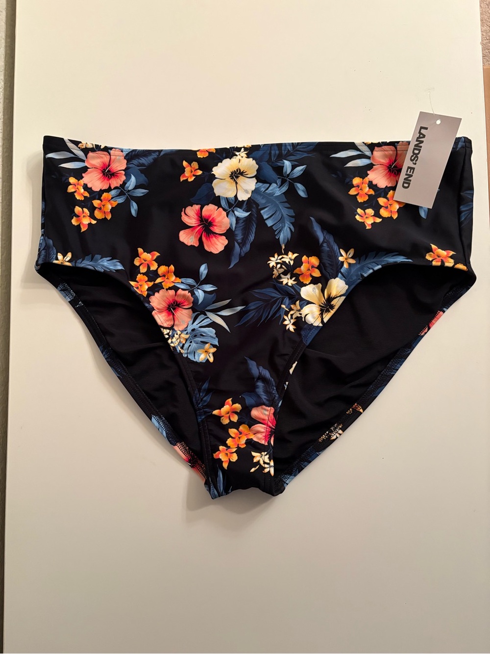 Lands' End Black Floral High-Waist Bikini Bottoms